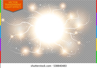 Golden abstract energy shock explosion special light effect with spark. Vector glow power lightning cluster. Electric discharge on transparent background. High voltage charged core