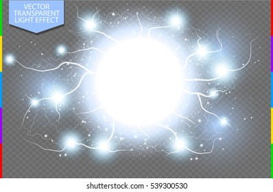 Golden abstract energy shock explosion special light effect with spark. Vector glow power lightning cluster. Electric discharge on transparent background. High voltage charged core