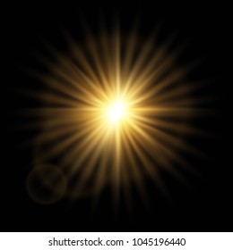 Golden abstract explosion bokeh light rays and sparkles. Isolated on a black background. Empty space for text. Detailed vector illustration.