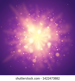 Golden abstract explosion bokeh light rays and sparkles. Isolated on a purple background. Empty space for text. Detailed vector illustration. 