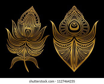 Golden abstract feathers of set isolated on black background. Vector illustration