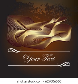 Golden abstract figure of intertwined lines with dark background. Business card, award, bonus. Place for text. Congratulations card. Vector illustration 