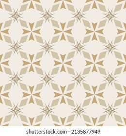 Golden abstract floral geometric ornament. Luxury vector seamless pattern with flower silhouettes, leaves, crosses, stars, triangles. Elegant gold background texture. Repeat design for decor, print