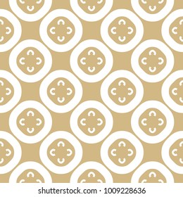 Golden abstract floral seamless pattern. Vector gold and white geometric texture with simple flower shapes, round grid. Elegant luxury background in Arabian style. Repeat design for decor, textile