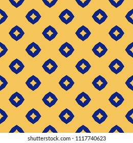 Golden abstract floral seamless pattern. Vector gold and blue background. Simple geometric ornament. Luxury graphic texture with diamond shapes, stars, grid. Elegant minimal design for decor, covers
