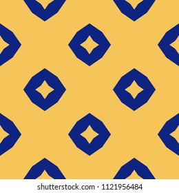 Golden abstract floral seamless pattern. Vector gold and blue background. Simple geometric ornament. Luxury graphic texture with big diamond shapes, stars, grid. Elegant minimal design for decoration