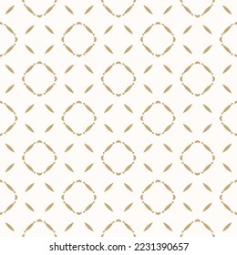 Golden abstract floral seamless pattern. Vector gold and white background. Simple geometric leaf ornament. Delicate luxury graphic texture with flower shapes, diamond grid. Elegant decorative design