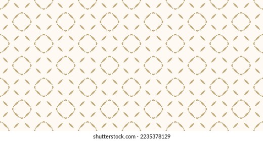 Golden abstract floral seamless pattern. Vector gold and white background. Simple geometric leaf ornament. Delicate luxury graphic texture with flower shapes, diamond grid. Elegant repeated design