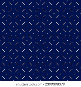 Golden abstract floral seamless pattern. Vector gold and dark blue background. Simple minimalist geometric ornament. Delicate luxury graphic texture with diamond shapes, grid. Elegant design for decor