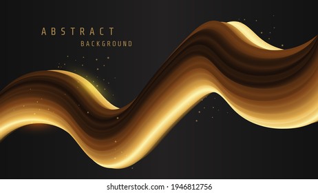 Golden Abstract fluid wave on black background. Modern poster with gradient 3d flow shape. Gold color flow banner design for web, landing page.