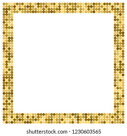Golden abstract frame with copy space for text or photo. Geometric print composed of golden circles on white background. Imitation of gold mosaic.