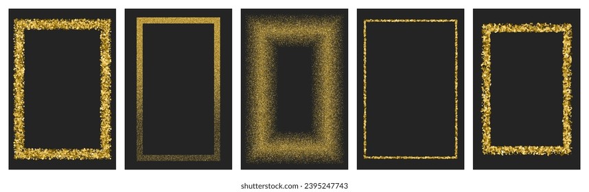 Golden abstract frame isolated on black background. Gold  border color. Yellow design element with place for text. Set. Vector texture illustration, EPS 10.