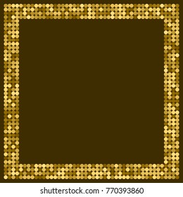 Golden abstract frame with space for text or photo. Geometric print composed of golden circles on dark background. Imitation of gold mosaic.