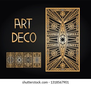 Golden abstract geometric background. Art deco style, trendy vintage design element. Gold grille on a black background. Gold art deco panels. Gatsby style. Vector set retro pattern