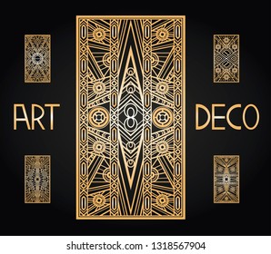 Golden abstract geometric background. Art deco style, trendy vintage design element. Gold grille on a black background. Gold art deco panels. Gatsby style. Vector set retro pattern