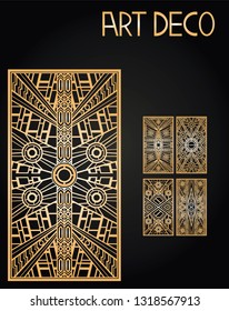 Golden abstract geometric background. Art deco style, trendy vintage design element. Gold grille on a black background. Gold art deco panels. Gatsby style. Vector set retro pattern