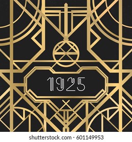 Golden abstract geometric background. Art deco style, vintage design element. Pastel Gold symmetric grill on a black messy backdrop. Decorative artdeco template with geometric lines