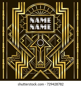 Golden abstract geometric background. Art deco style, trendy vintage design element. Gold grill on a black background.Template with parallel lines with gold gradient.