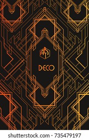 Golden abstract geometric background. Art deco style, trendy vintage design element. Gold grill on a black background. Beautiful artdeco template with parallel lines with gold gradient.