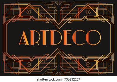 Golden abstract geometric background. Art deco style, trendy vintage design element. Gold grill on a black background. Beautiful artdeco template with parallel lines with gold gradient.