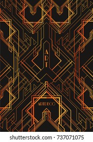 Golden abstract geometric background. Art deco style, trendy vintage design element. Gold grill on a black background. Beautiful artdeco template with parallel lines with gold gradient.