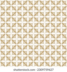 Golden abstract geometric floral ornament with gothic elements, flower silhouettes, grid, repeat tiles. Simple white and gold texture. Luxury vector seamless background pattern. Elegant geo design