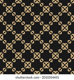 Cuadrícula geométrica abstracta dorada sin fisuras. Elegante fondo vectorial en color negro y dorado. Ornamento simple con formas curvadas, siluetas de hojas, malla, red, celosía. Diseño decorativo de lujo
