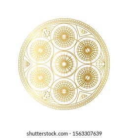 Golden abstract geometric mandala outline vector illustration. Psychedelic pattern isolated on white