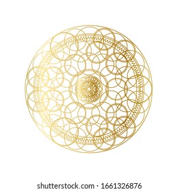 Golden abstract geometric mandala outline vector illustration. Psychedelic pattern isolated on white