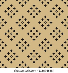 Golden abstract geometric seamless pattern in oriental style. Luxury vector background. Simple minimalist graphic texture. Black and gold design with diamond shapes, rhombuses, squares, repeat tiles