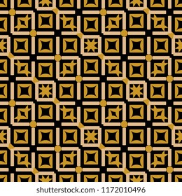 Golden abstract geometric seamless pattern. Colorful popular fashion textile wrapping with trendy geometrical patterns and gold color vector illustration.
