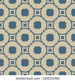 Golden abstract geometric seamless pattern. Simple vector gold and soft blue background texture. Elegant graphic ornament with rounded shapes, squares, circles, octagons, grid, net. Repeat design