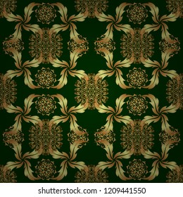 Golden abstract geometric seamless pattern. Art deco style, trendy vintage design element. Vector gold grill on a green background. Beautiful artdeco template with elements in gold gradient.