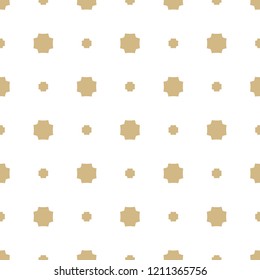 Golden abstract geometric seamless pattern. Elegant minimalist vector background. Simple graphic ornament with small crosses, flower shapes, dots. White and gold texture. Cute repeat minimal design