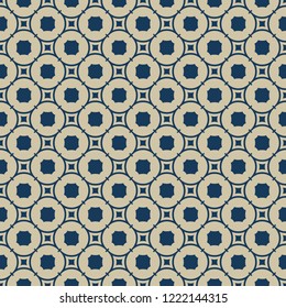 Golden abstract geometric seamless pattern. Elegant vector gold and deep blue background texture. Luxury graphic ornament with small rounded shapes, squares, circles, octagons, grid. Repeating design