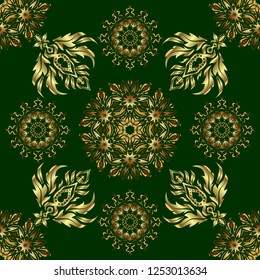 Golden abstract geometric seamless pattern. Beautiful artdeco template with elements in gold gradient. Art deco style, trendy vintage design element. Vector gold grill on a green background.