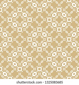 Golden abstract geometric seamless pattern. Elegant vector gold and white background. Subtle ornament with mesh, lattice, grid, lace. Luxury ornate graphic texture. Repeated design in oriental style