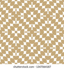 Golden abstract geometric seamless pattern. Vector texture with curved shapes, petals, leaves, mesh, grid. Stylish minimal white and gold background. Luxury repeat design for decoration, wallpapers