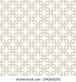 Patrón dorado abstracto geométrico sin costuras. Formas simples de estrella de textura vectorial, rombos, diamantes, rejilla, entramado. Elegante y moderno fondo dorado y blanco. Diseño de repetición de lujo para papel impreso, papel pintado