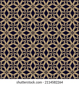 Golden abstract geometric seamless pattern. Simple vector texture floral shapes, stars, rhombuses, diamonds, grid, lattice. Stylish modern gold and black ornament background in oriental style