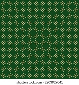 Golden abstract geometric seamless pattern in oriental style. Luxury vector background. Simple graphic ornament. Green and gold texture with diamond shapes, grid, net, thin lines, floral silhouettes