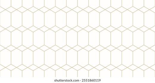 Golden abstract geometric seamless pattern in minimalist style. Luxury vector background. Simple minimal ornament. White and gold texture with hexagon grid, diamond shapes, lattice, net, repeat tiles