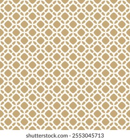 Golden abstract geometric seamless pattern. Simple vector texture with curved shapes, flower silhouettes, dots, tiles, grid, lattice. Luxury gold and white ornament background. Repeated elegant design