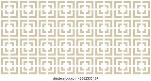 Goldenes abstraktes geometrisches nahtloses Muster mit Quadraten, Linien, Pfeilen, Raster. Einfache goldene und weiße Vektortextur. Luxuriöses Ornament mit kubischem Gitter, Netz, Fliesen. Elegantes, sich wiederholendes Hintergrunddesign