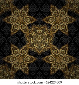 Golden abstract geometric seamless pattern. Beautiful art deco template with elements in gold gradient. Art deco style, trendy vintage design element. Vector gold grill on a black background.