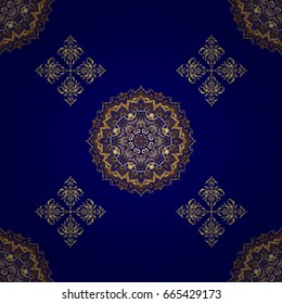 Golden abstract geometric seamless pattern. Art deco style, trendy vintage design element. Vector gold grill on a blue background. Beautiful artdeco template with elements in gold gradient.