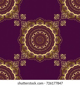 Golden abstract geometric seamless pattern. Art deco style, trendy vintage design element. Vector gold grill on a purple background. Beautiful artdeco template with elements in gold gradient.