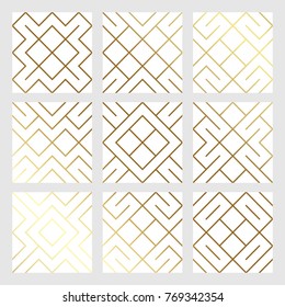 Golden abstract geometric seamless pattern tile background with gold glittering mesh texture. Vector pattern of rhombus and metal line nodes for luxury golden geometry backdrop white design template