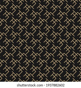 Patrones dorados abstractos geométricos sin costuras. Sencilla textura vectorial negra y dorada con formas geométricas lineales, laberinto, líneas delgadas. Elegante y moderno fondo de lujo. Repetir el diseño para la decoración, imprimir