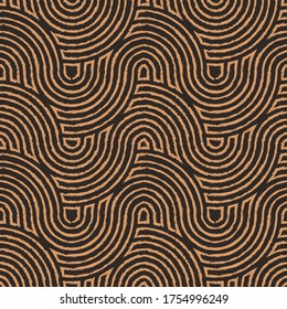 Golden Abstract Graphic Wavy Plexus Pattern. Continuous Tileable Vector Flow Wallpaper Texture. Repetitive Wave Circle Tile Texture. Simple Lattice Pattern. 